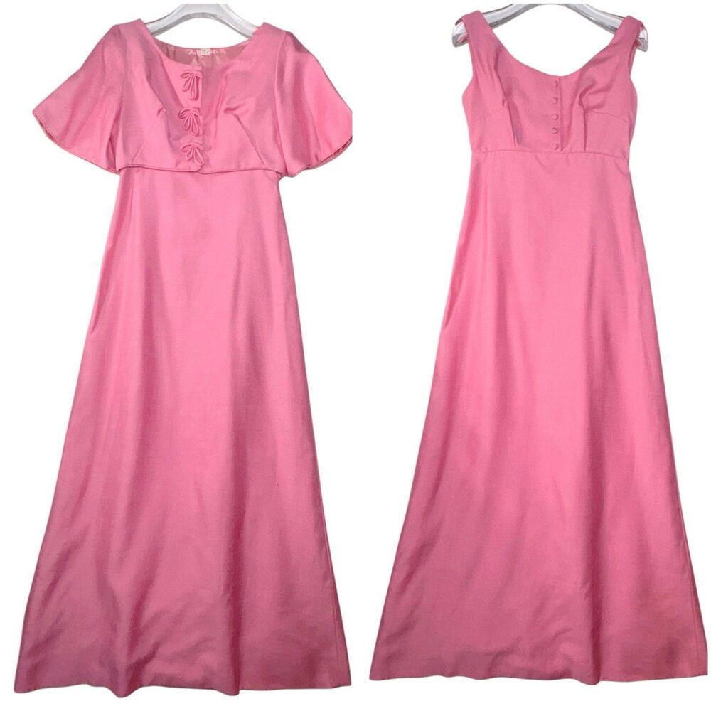 Vintage Emma Domb Dress Size 8 Pink 2 Piece Dress & Jacket 53" Long Lined Bows